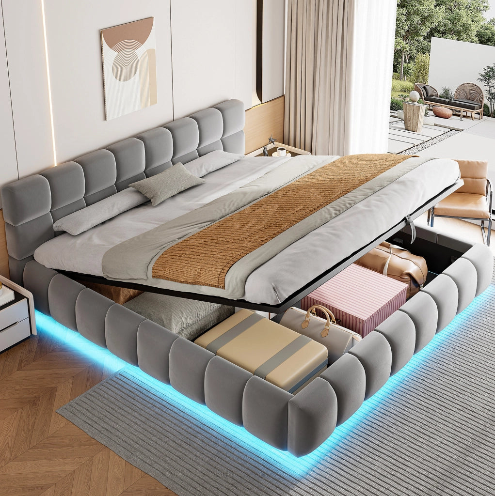 Letto imbottito 180x200 cm con contenitore idraulico e LED in velluto grigio