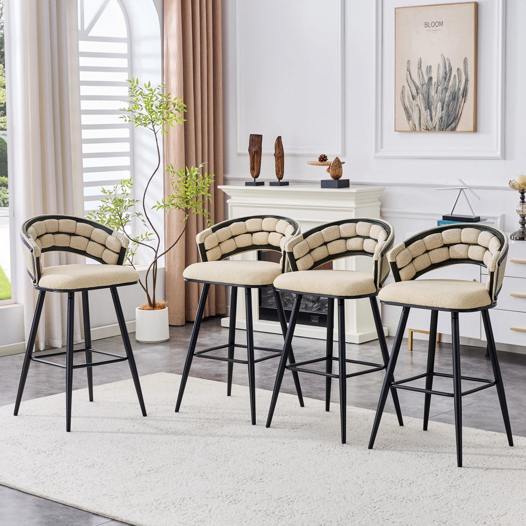 Sgabello da bar con schienale intrecciato e poggiapiedi, in velluto e metallo beige nero 71 × 61 × 37 cm