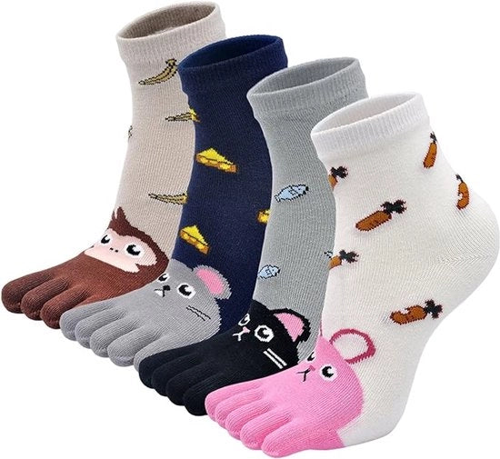 Calze per bambini - Calze per ragazzi bambini Calze di cotone con 5 dita - Calze per bambini con 5 dita - Ragazzi Ragazze Calze divertenti con motivo animale - 7-12 anni - 4 paia