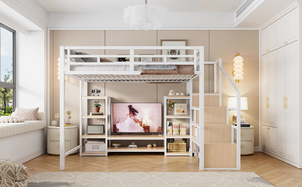 Letto a soppalco 140 × 200 cm con supporto TV, presa elettrica e scala portaoggetti, senza materasso, bianco