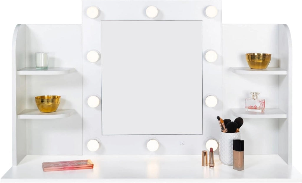 ZELIA tavolo da toilette bianco con 4 ripiani, specchio LED e sgabello