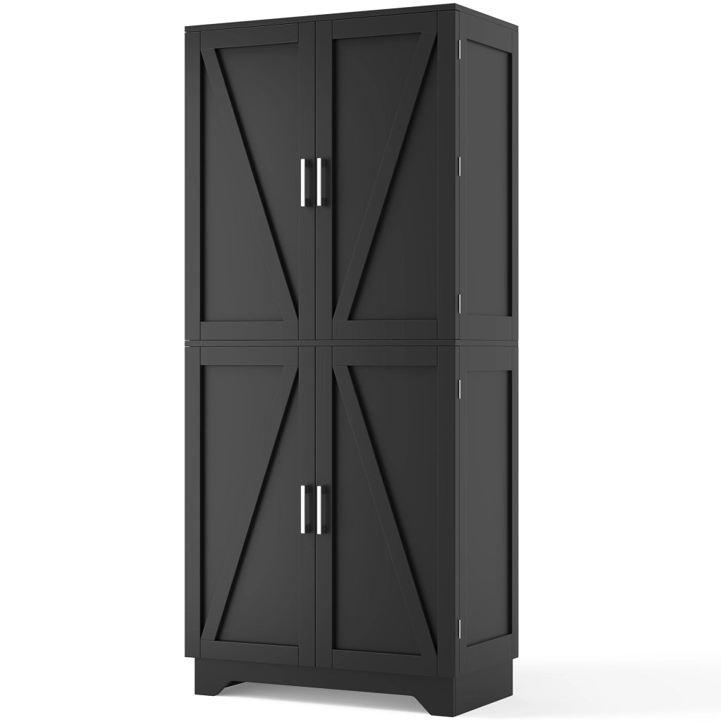 Credenza alta da cucina 80x40x180 cm con 4 ante stile barn; ripiani portabottiglie; nero e naturale