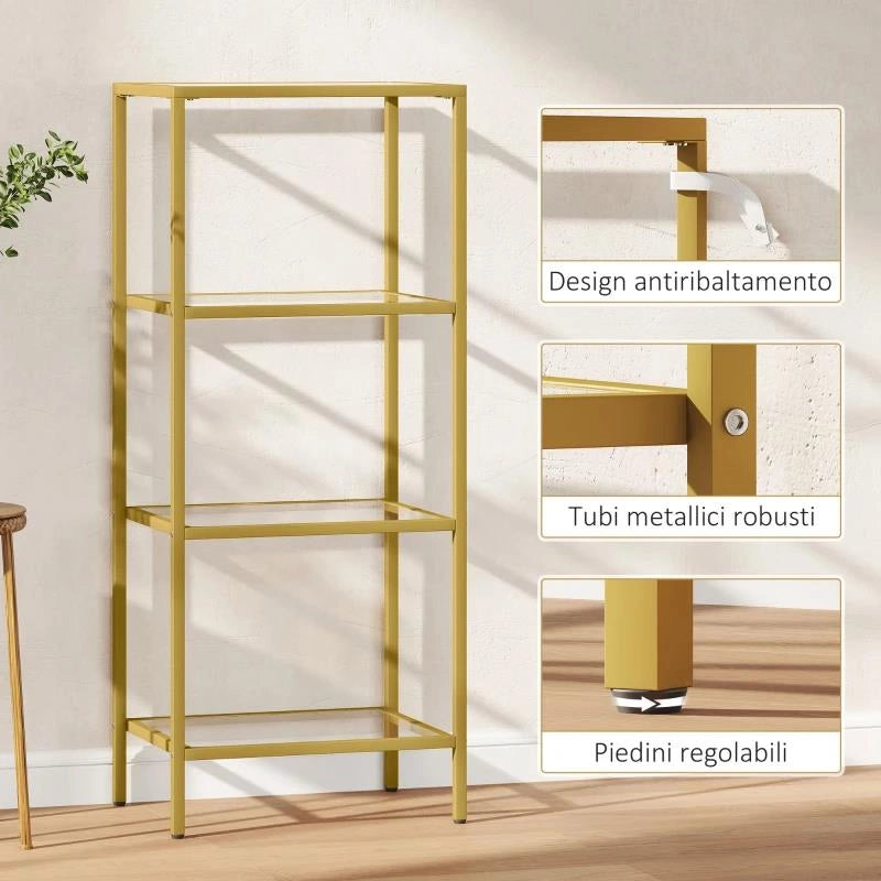 MOBILETTO SCAFFALE A 4 LIVELLI MINIMAL IN METALLO E VETRO TEMPERATO, 40X30X96.5 CM, COLOR ORO
