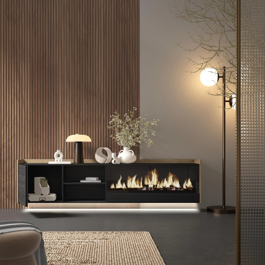Mobile TV Soggiorno, 212x50x35 cm, Per TV fino a 80", Camino elettrico XXL, Sospeso, da appendere, LED, Nero e rovere