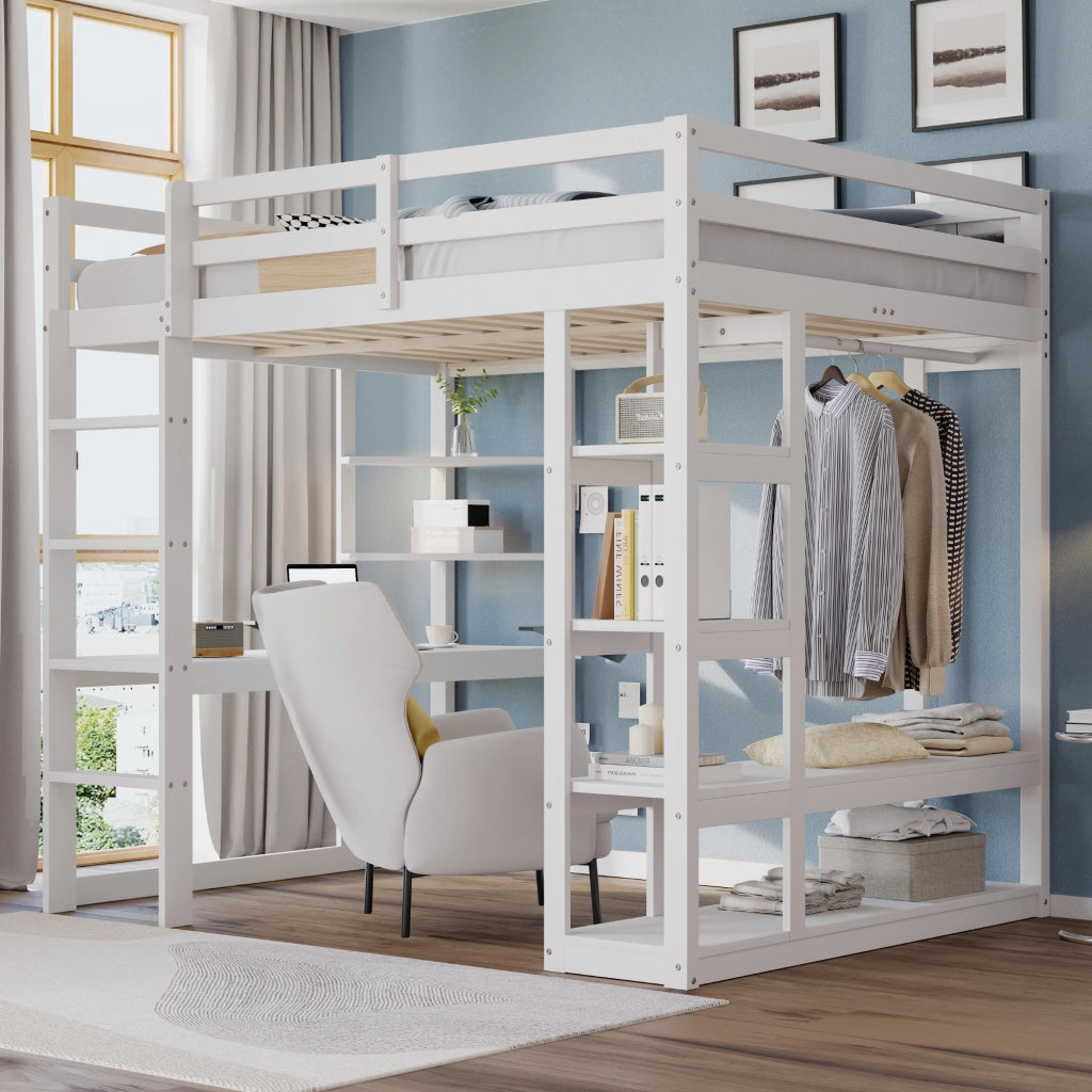 OKWISH Letto a soppalco 140×200 cm, Letto Matrimoniale con Scrivania, Mensole e Appendiabiti, senza Materasso, in Legno, Bianco