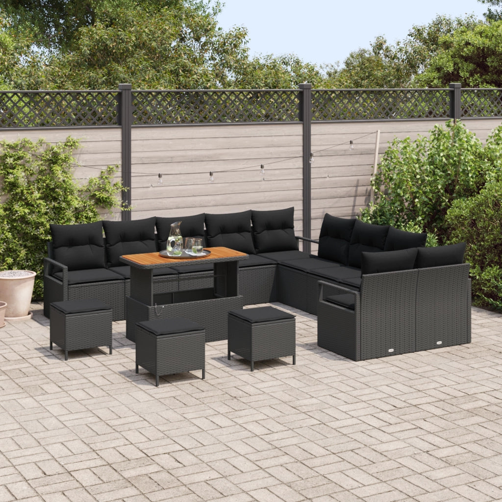 Set divano da giardino  da 14 pezzi con cuscini Nero Polyrattan Acacia