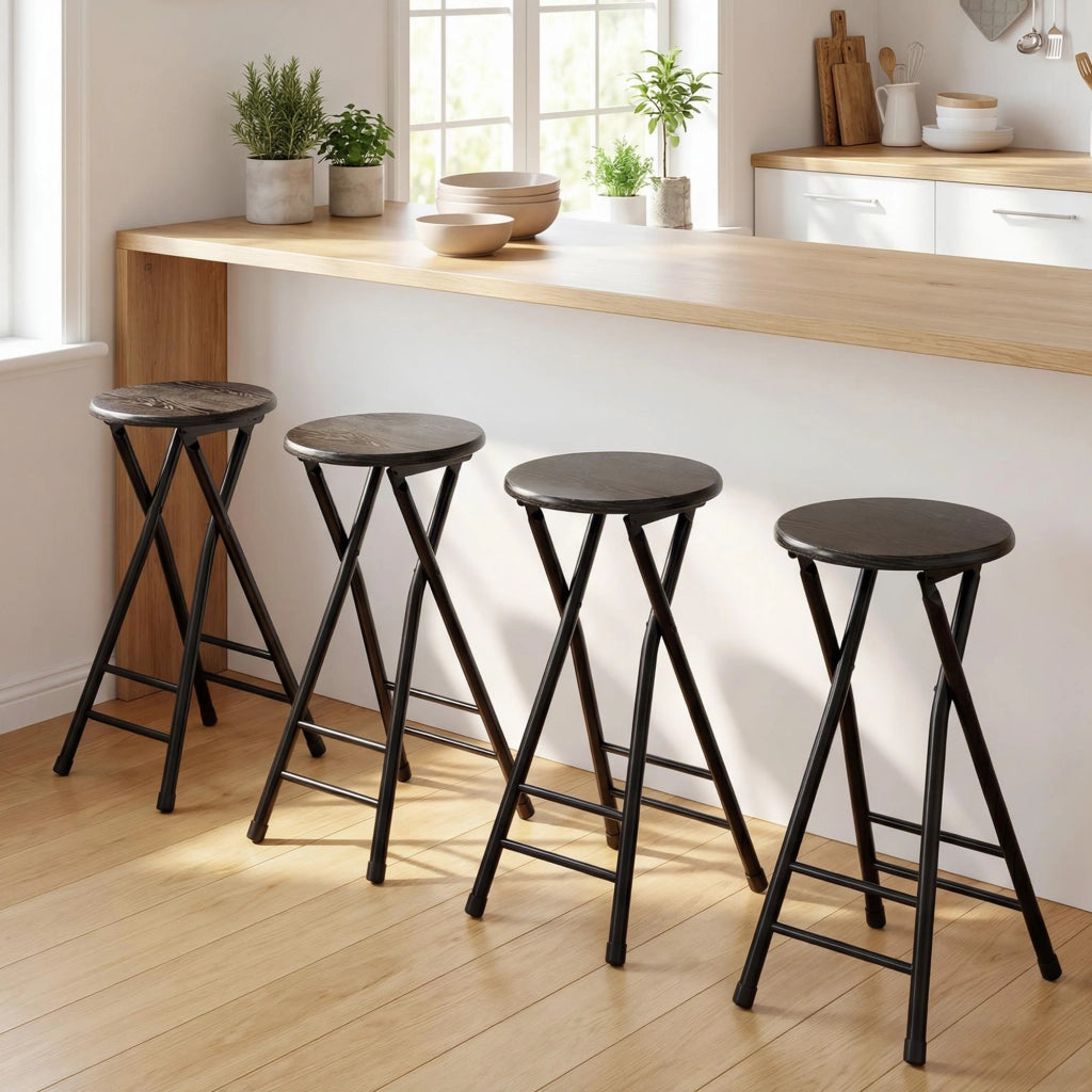 Set 4 Sgabelli Bar Pieghevoli 34x30x70 cm con Doppio Poggiapiedi in Legno e Acciaio Nero