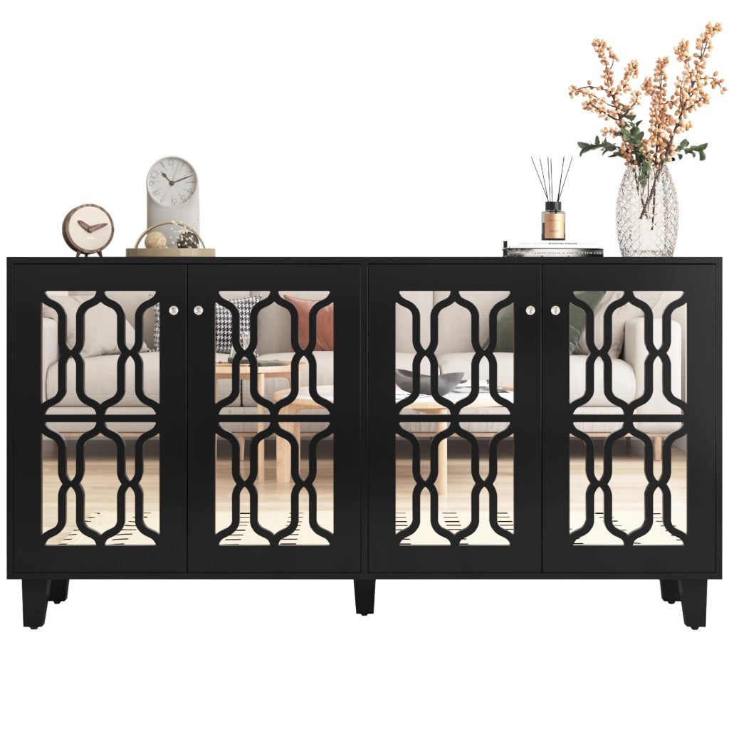 Credenza con 4 Ante e 2 Ripiani Regolabili; Frontali a Specchio; in MDF; Nero; 160??40??84 cm
