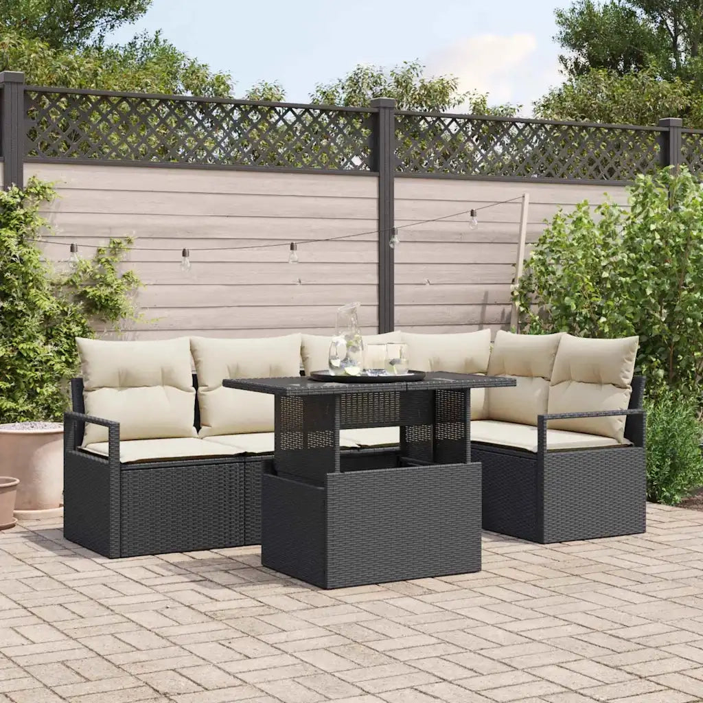 Set Divano da Giardino 6 pcs Nero e Crema polyrattan