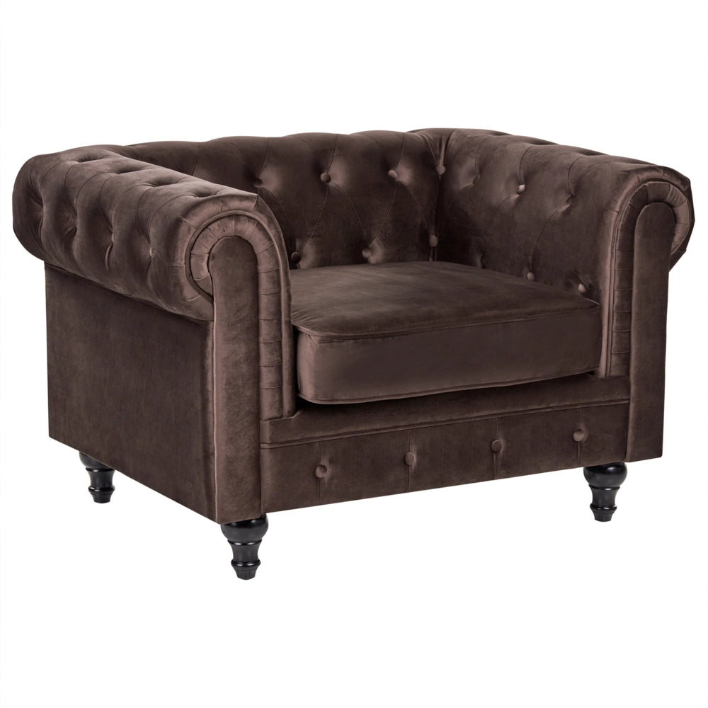 Poltrona Chesterfield in velluto marrone scuro con gambe in legno di gomma stile contemporaneo