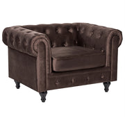 Poltrona Chesterfield in velluto marrone scuro con gambe in legno di gomma stile contemporaneo