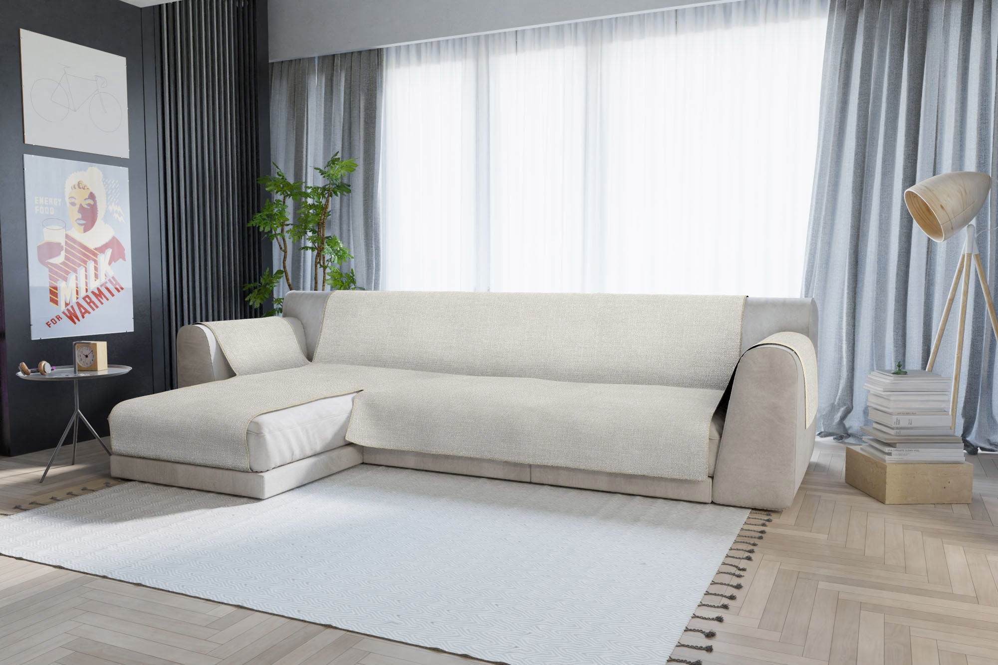 Copridivano in Poliestere con Penisola Sinistra Seduta 240 cm Panna