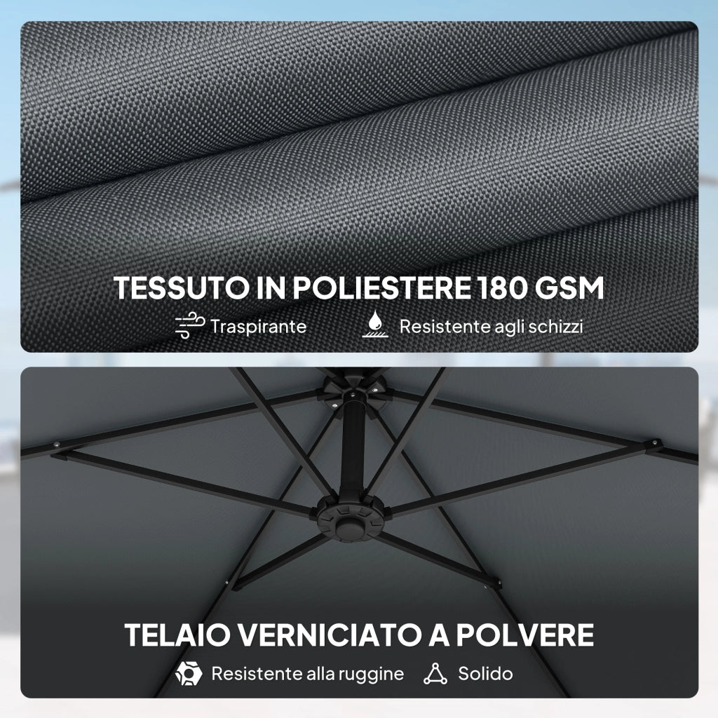 Ombrellone a Sbalzo 302x295x242 cm con Base a Croce in Metallo e Poliestere Grigio Scuro