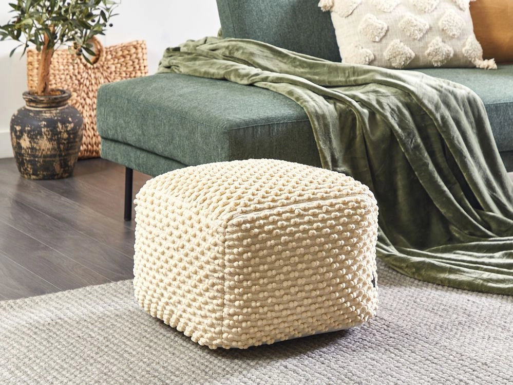 Pouf ottomana intrecciata a mano in cotone beige chiaro 50 x 50 x 35 cm soggiorno camera da letto