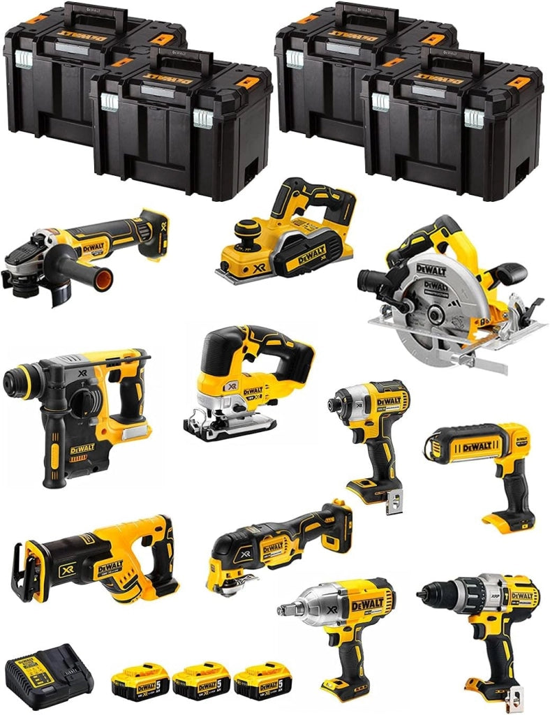 DeWALT Kit DWK1103T (DCD996 + DCH273 + DCG405 + DCF887 + DCF889H + DCS334 + DCS570 + DCS355 + DCP580 + DCS367 + DCL050 + 3 Batterie 5,0 Ah + Caricabatterie + 4 x TSTAK VI)