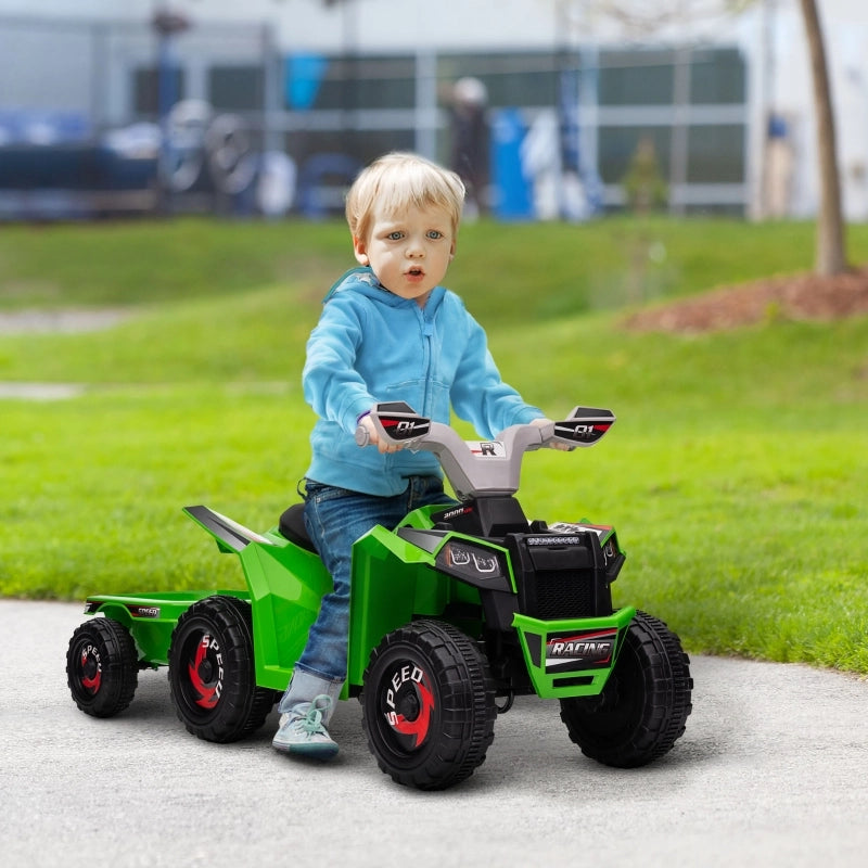 Quad per bambini, ricaricabile, 2,5 km/h, con rimorchio, 50 min. di autonomia, per bambini da 1,5 a 3 anni, verde.