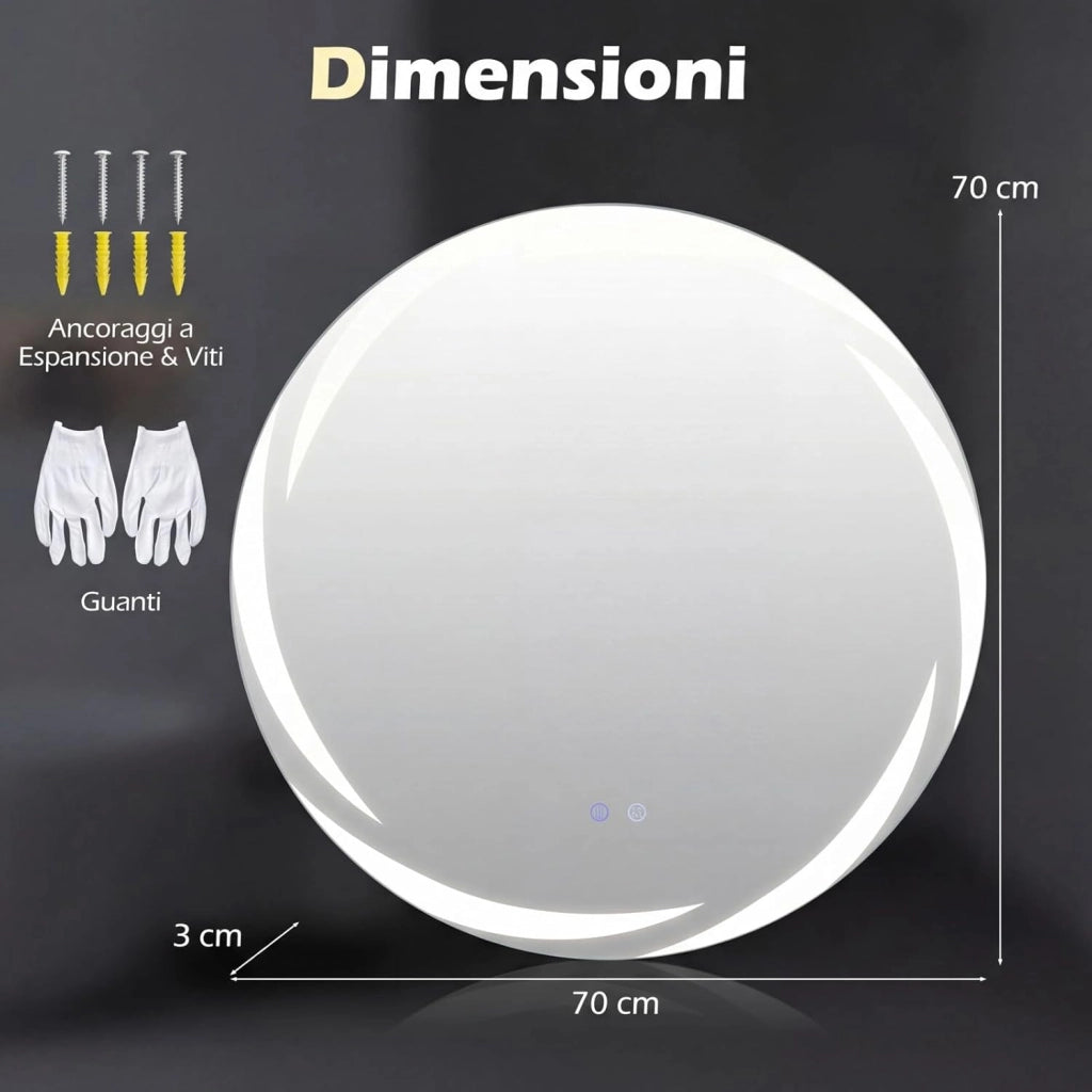 Specchio da Bagno con LED Rotondo 70 cm, Specchio da Parete Retroilluminato Dimmerabile con Vetro Temperato Antideflagrante, Luci a 3 Colori e Antiappannamento, IP44 (70 x 70 cm)