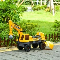 Ruspa Giocattolo 2 in 1 con Escavatore e Mordente, Vano Nascosto, Gioco Cavalcabile Bambini 2-3 Anni, 90x28x58cm, Giallo