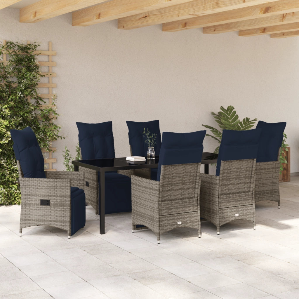 Set da Pranzo Giardino 7 Pezzi con Cuscini Rattan Polipropilene Grigio