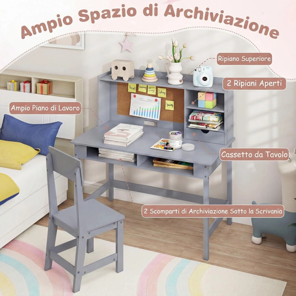 Set Scrivania e Sedia per Bambini, Tavolo per Studenti in Legno con Bacheca in Sughero, Cassetto, Pensile con Ripiani Aperti, Postazione Computer per Bambini per Studio e Lettura (Grigio)