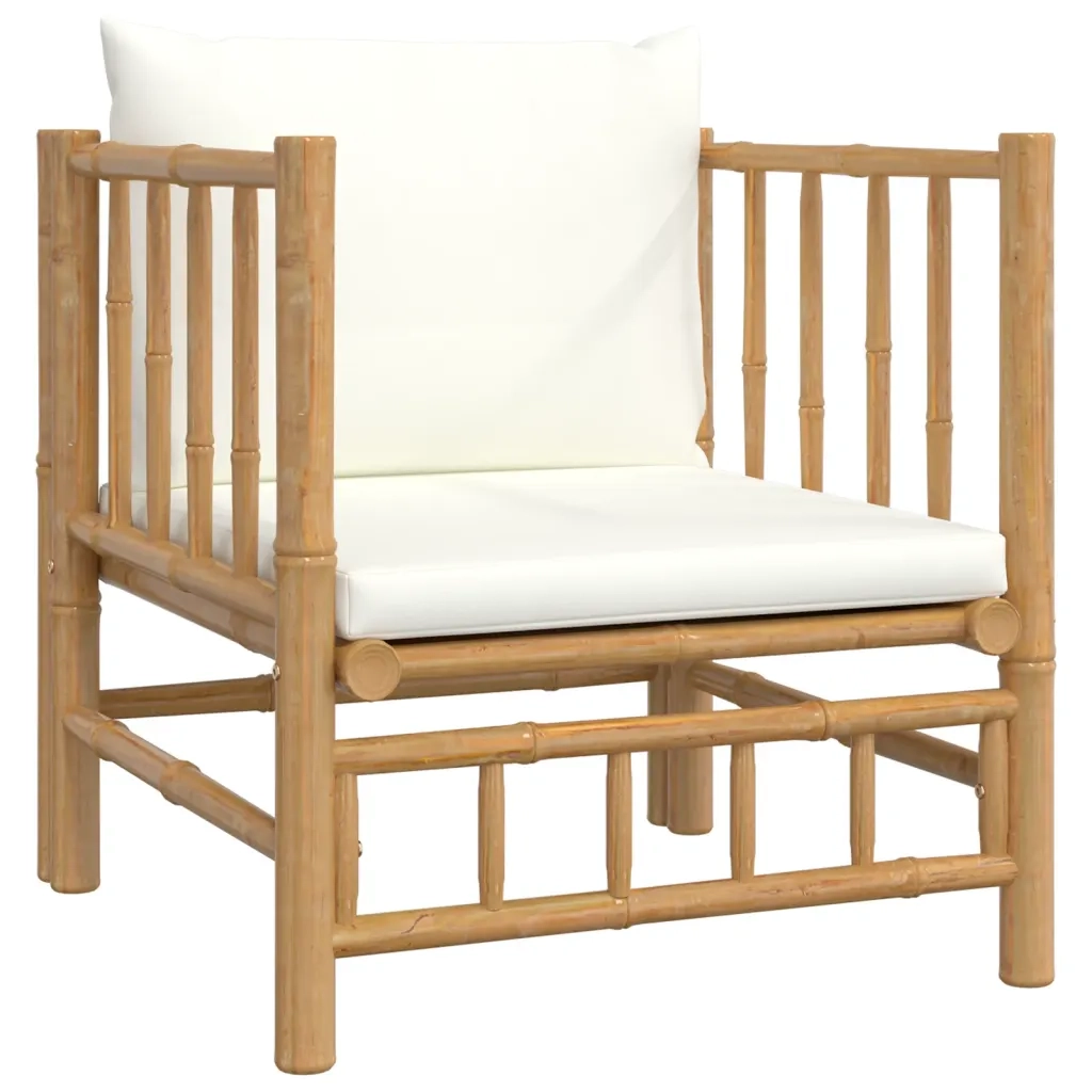 Set Salotto da Giardino 12pz con Cuscini Bianco Crema in Bambù 3155194