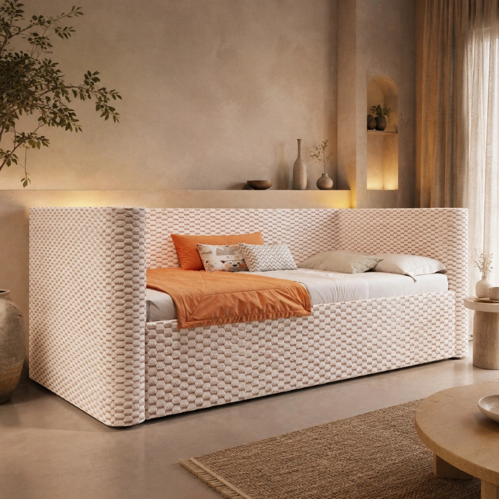 Divano letto 90x200 cm in velluto beige con LED e vano contenitore