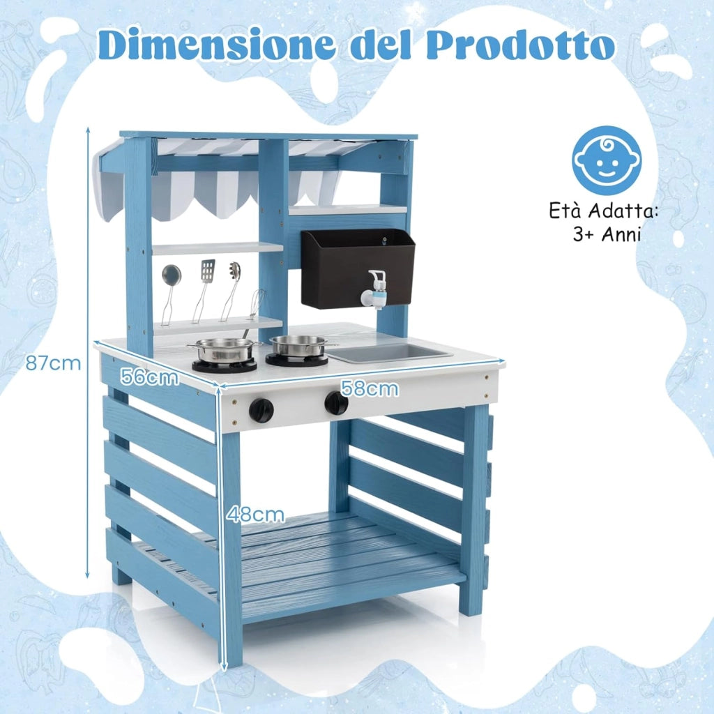 Cucina Giocattolo per Bambini, Cucina per Bambini a Doppia Faccia con Stufa a Gas, Lavello e Rubinetto, Tenda da Sole, Con Suoni, per Bambini 3+ Anni