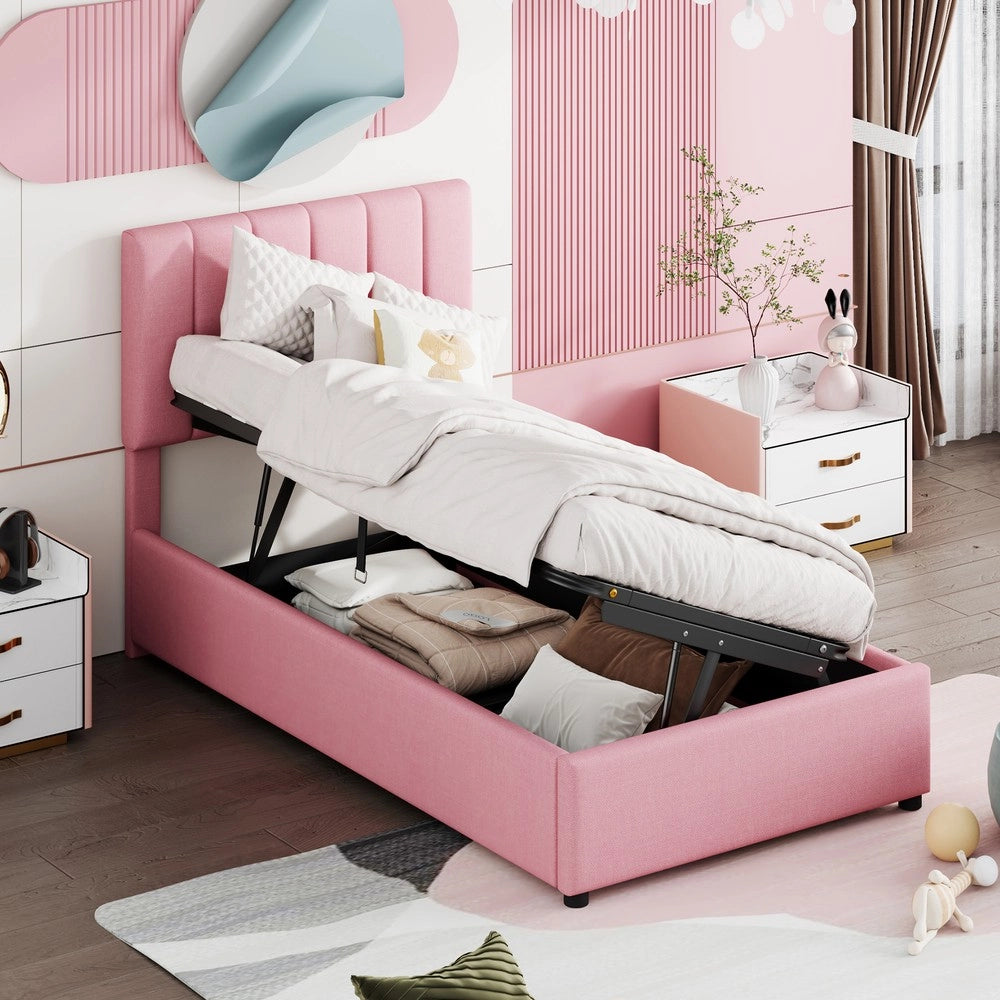 Letto imbottito contenitore idraulico ¨C Minimal ¨C Rosa tessuto 90x200 cm