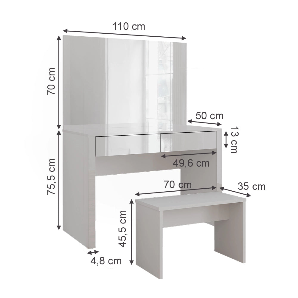 Vicco Tavolino da toilette Bianco lucido/bianco 110 cm con specchio e panca