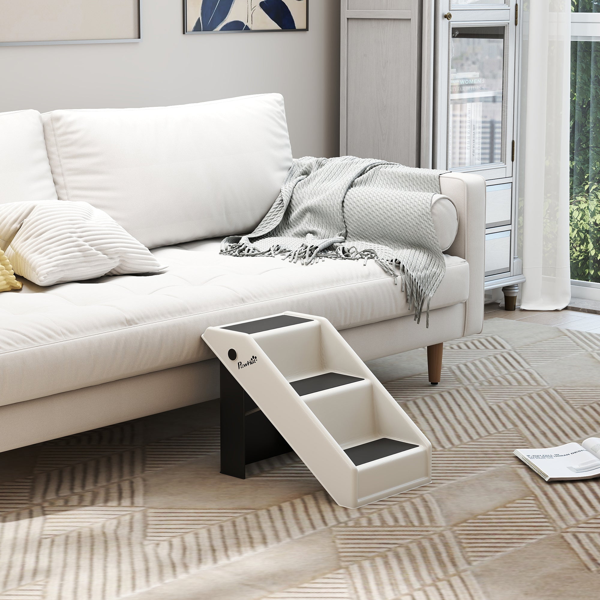 Scaletta Pieghevole per Cani e Gatti 3 Gradini Antiscivolo  53x30,5x36,5 cm in PP Crema