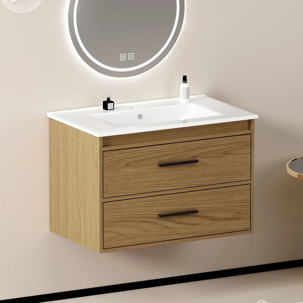 Mobile bagno con lavabo 75 cm; 2 cassetti; MDF e Ceramica; Rovere Chiaro