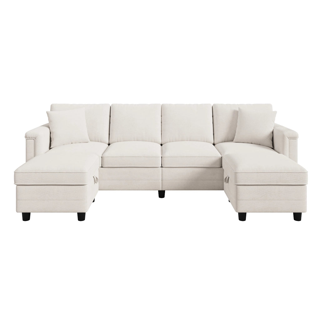 Divano modulare beige 261x134x82 cm con pouf contenitore; USB e Type-C