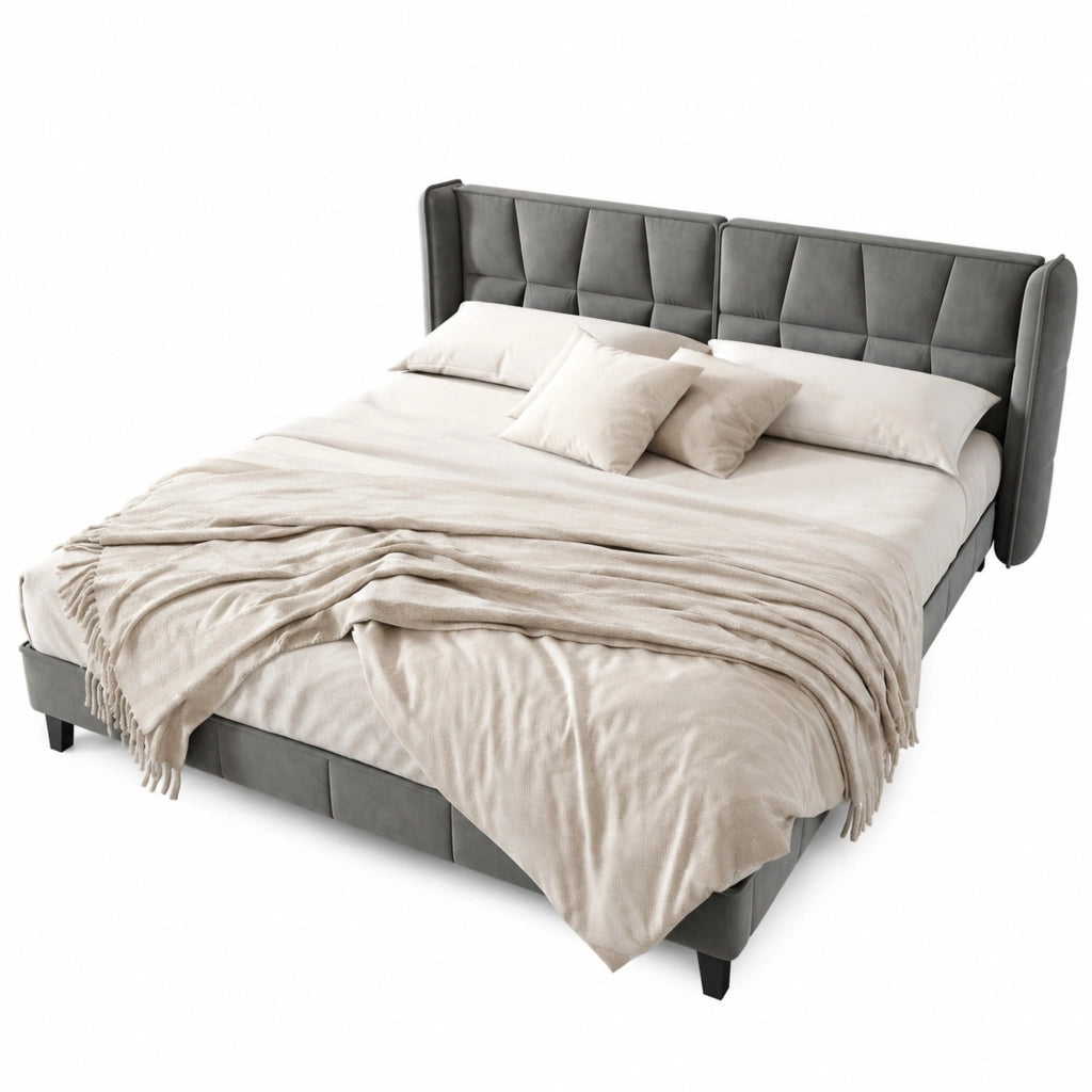 Letto imbottito matrimoniale 180x200 cm in velluto grigio con rete a doghe e testiera