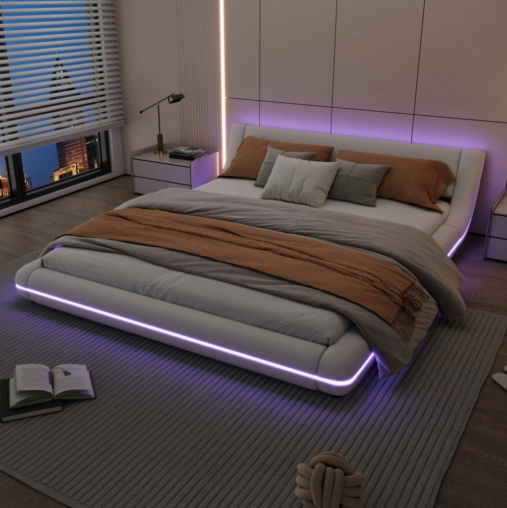 Letto basso 160x200 cm in PU bianco con illuminazione ambientale LED
