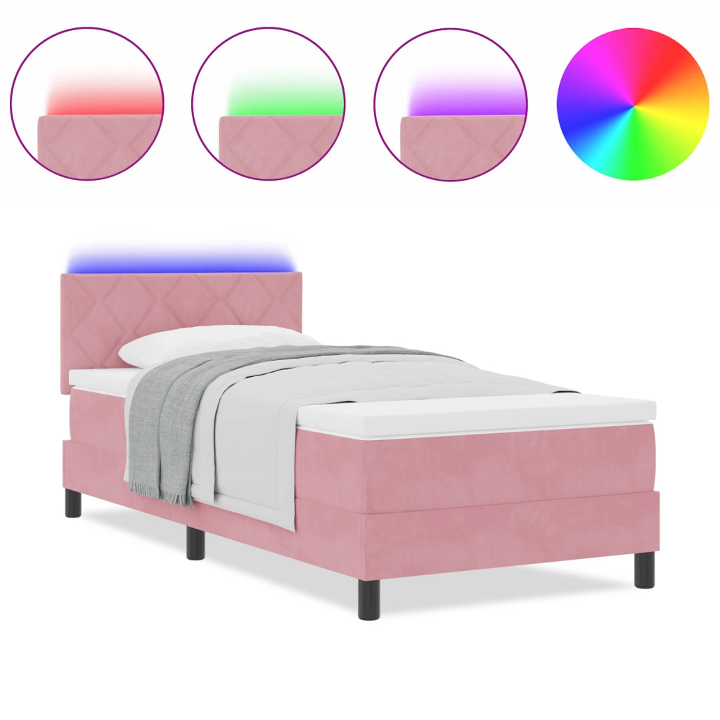 Letto Box Spring  con Materasso e LED Rosa 100x200 cm in Velluto