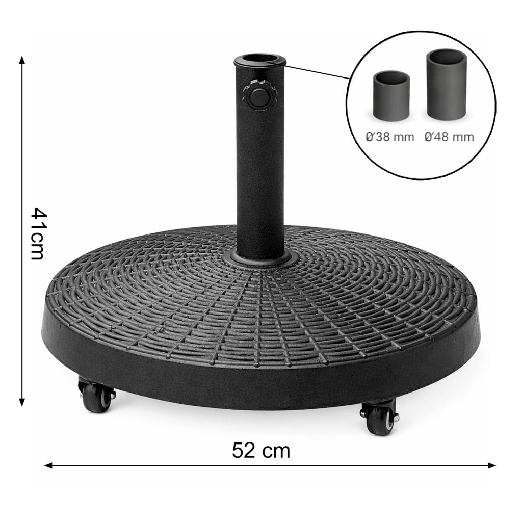 Base Ombrellone Da Giardino 4 Ruote Con Freni In Cemento HDPE E Metallo Diametro Palo Compatibile 38/48 Mm Effetto Rattan Resistente Ideale Per Terrazzo Balcone Ø52 x 34 Cm Nero