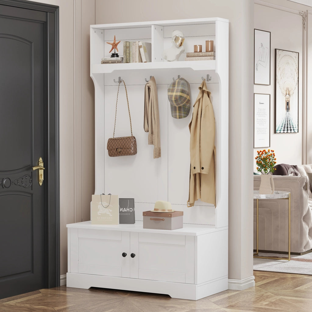 Mobile ingresso con panca; 2 ante; 2 vani aperti e 4 ganci; per ingresso; bianco; 101.5 × 183 cm