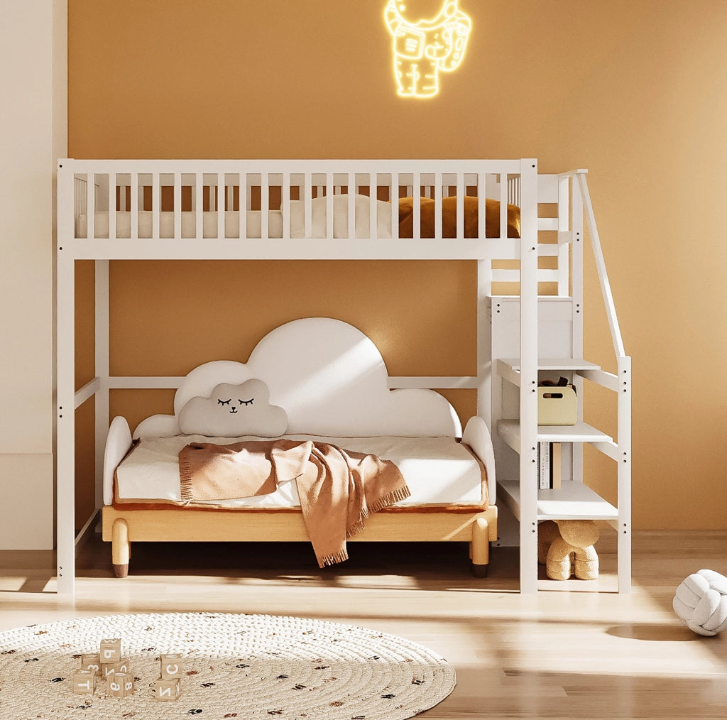 Letto a soppalco 140x200 cm con scala e armadio; legno; bianco (Senza materasso)