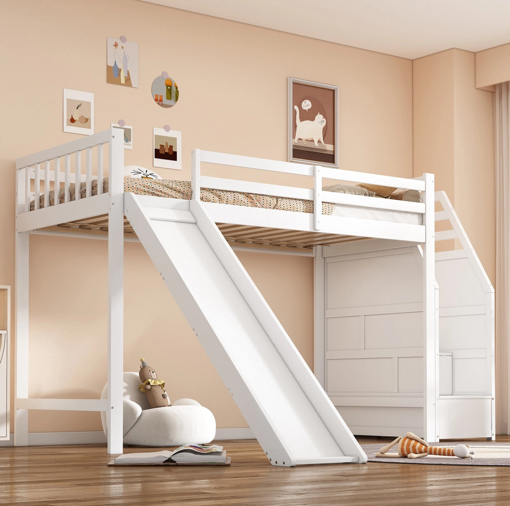 Letto a soppalco per bambini 90x200 cm bianco con scivolo e scala contenitore