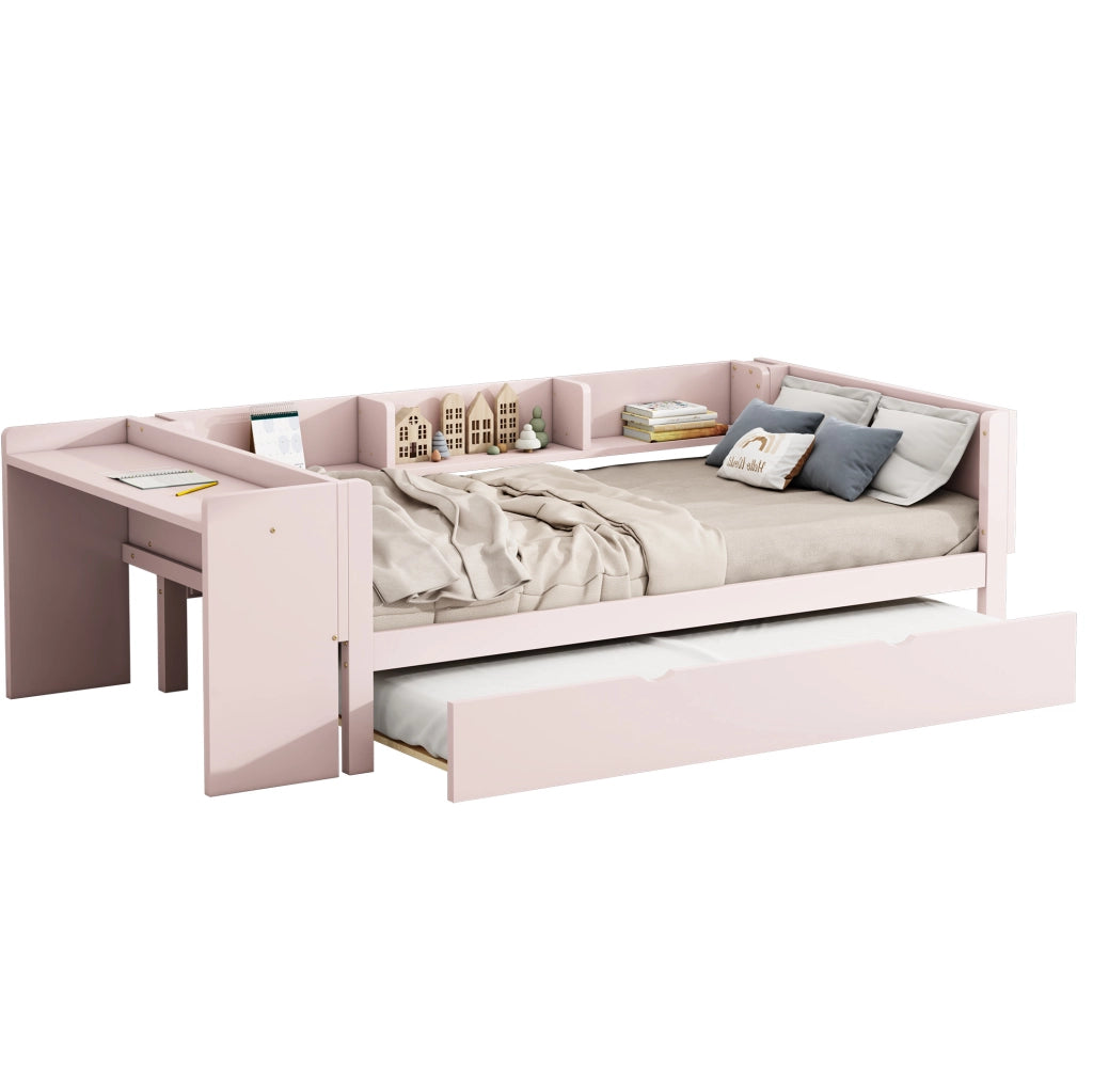 Letto singolo rosa 90x200 cm con letto estraibile, scrivania e 3 ripiani