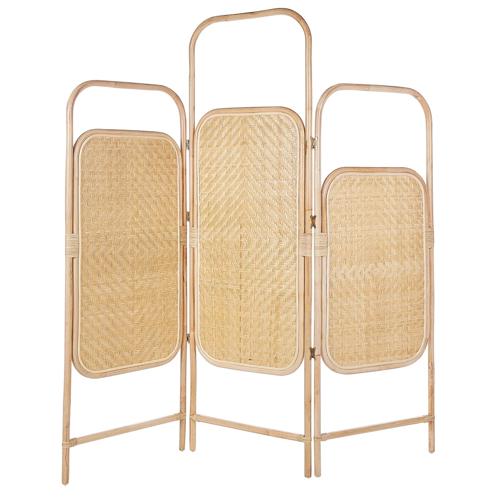 Divisorio per la stanza in rattan naturale e bambù a 3 pannelli pieghevoli con schermo decorativo.