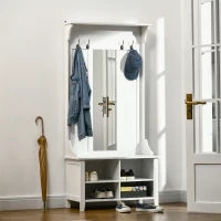 Appendiabiti Attaccapanni da Terra con Specchio Scarpiera 4 Ganci Legno 80x40x170cm Bianco