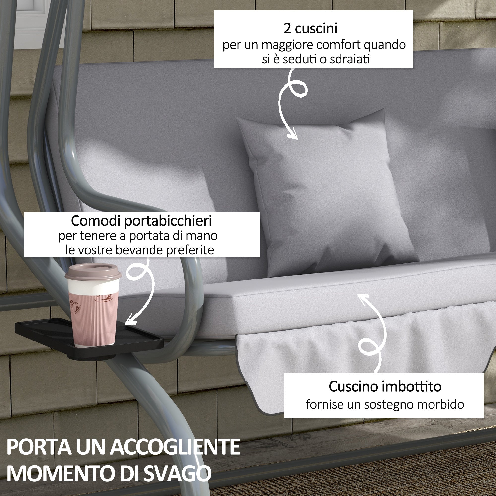 Dondolo Letto da Giardino 200x120x164 cm in Acciaio e Poliestere Grigio