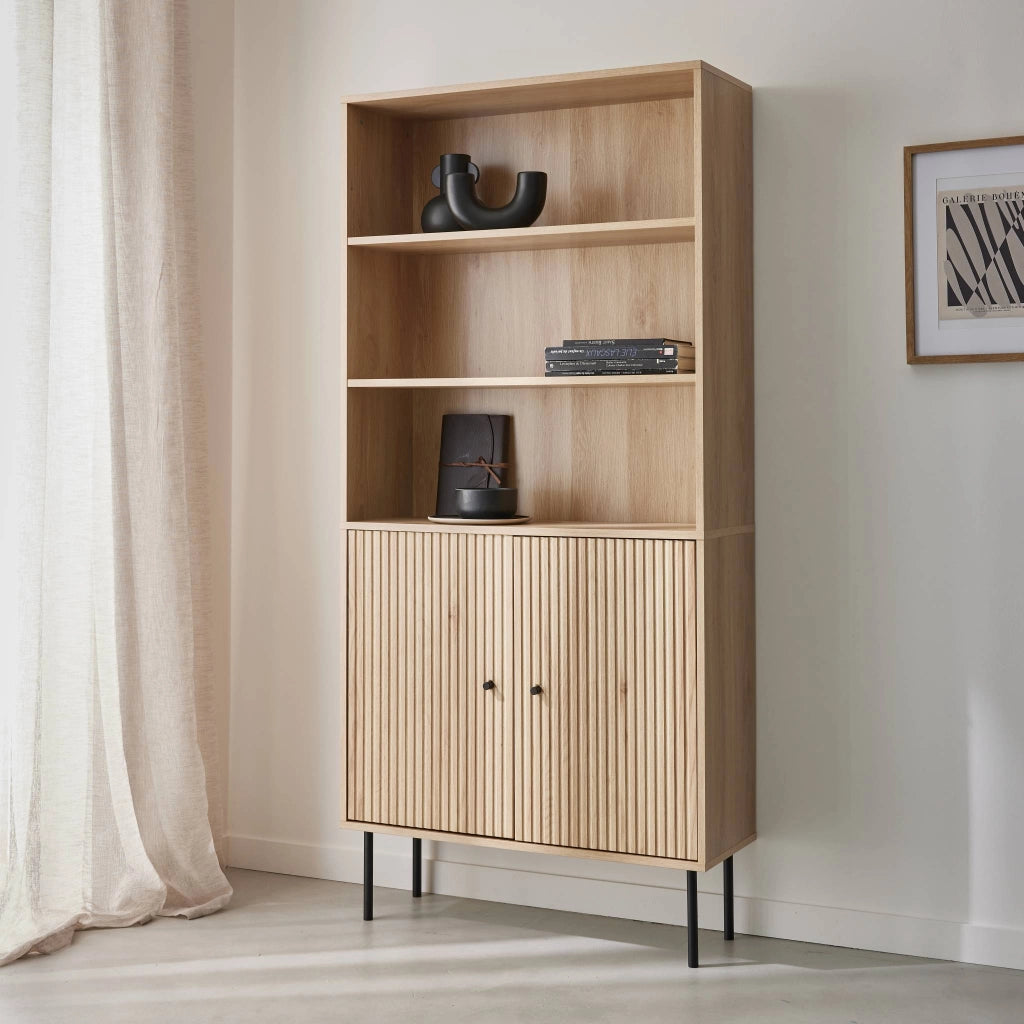 Libreria in legno e metallo nero a 2 ante, marrone naturale