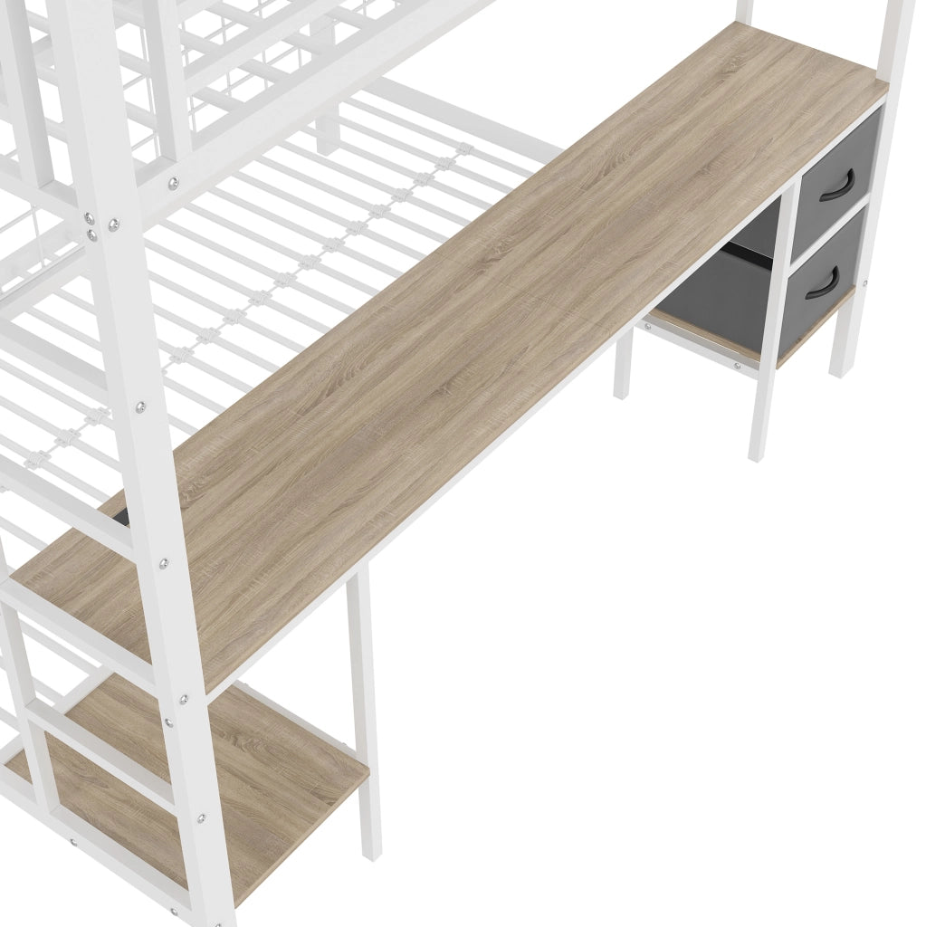 Letto a soppalco 140x200 cm in metallo con scrivania, contenitori LED e USB, bianco