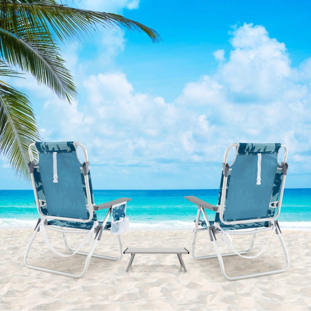 Sedie da giardino a 2 posizioni con tavolino laterale per picnic all'aperto-Set di sedie da spiaggia pieghevoli e tavolino Blu scuro