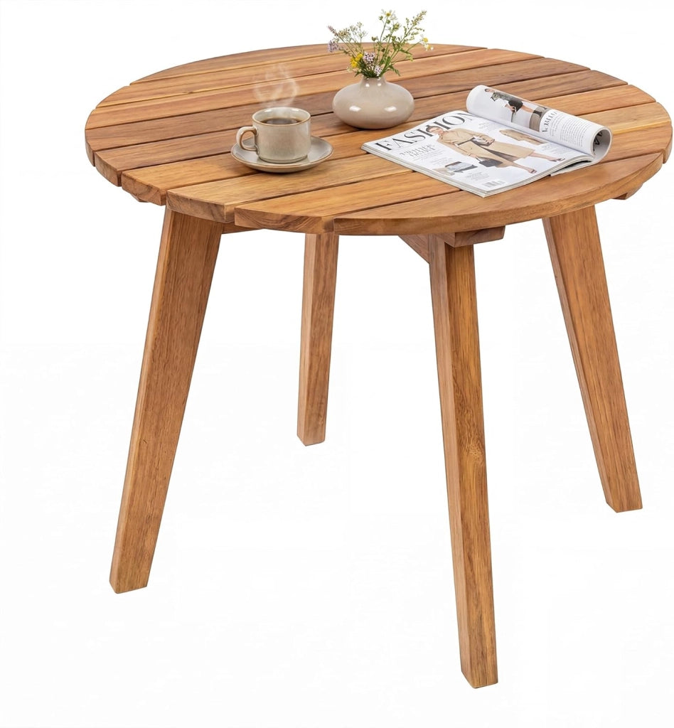 Tavolino da Esterno Rotondo in Legno Massello, Ø43 x 35 cm, Piccolo Tavolo Laterale da Balcone, Tavolino Basso da Salotto, Montaggio Facile, per Giardino, Terrazza e Soggiorno, Naturale