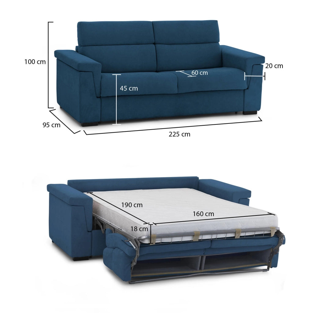 Benedetto, Divano Letto 3 Posti Sfoderabile Made in Italy, 225x95 cm blu