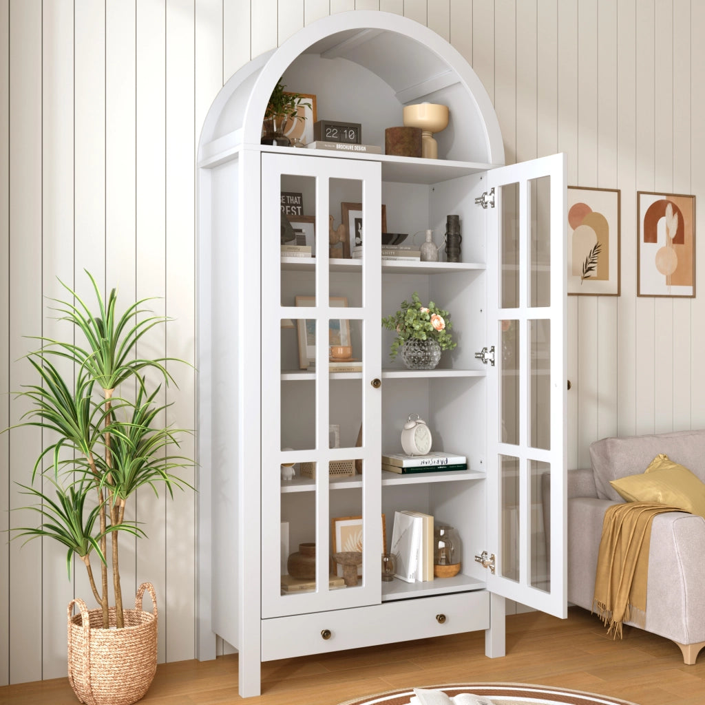 Vetrina moderna ad arco 75 x 35 x 170;5 cm con ripiani e cassetto; MDF; bianca