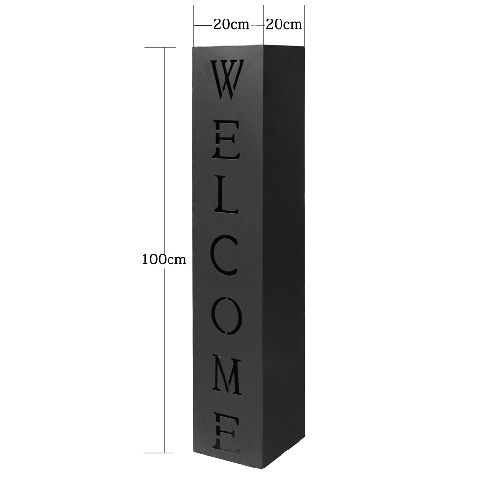 Colonna decorativa in metallo nero con scritta Welcome per ingresso Fioriera